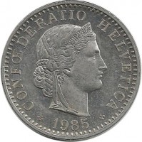 Монета 20 раппенов. 1985 год, Швейцария.  
