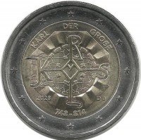 Карл Великий. 1275 лет со дня рождения Карла Великого. Монета 2 евро, 2023 год, (J). Германия.  
