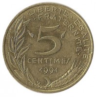5 сантимов. 1991 год, Франция.