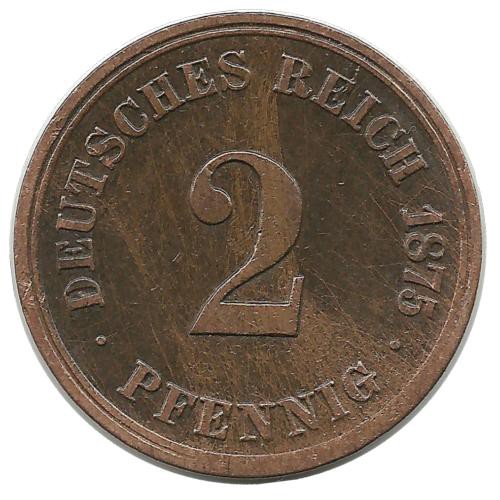 Монета 2 пфенниг 1875 год (J), Германская империя.
