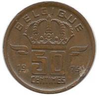 Монета 50 сантимов.  1975 год, Бельгия. (Belgique).