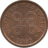 Монета 5 пенни.1965 год, Финляндия.