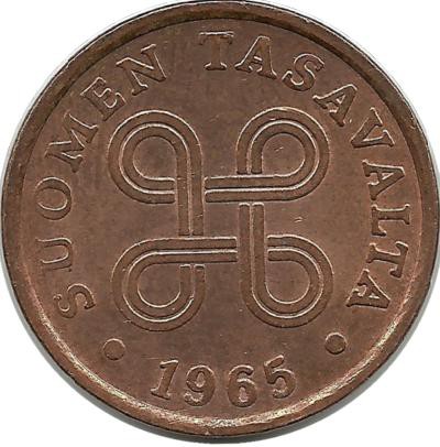 Монета 5 пенни.1965 год, Финляндия.