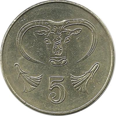 Бык. Монета 5 центов. 2004 год, Кипр.