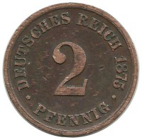 Монета 2 пфенниг 1875 год (B), Германская империя.