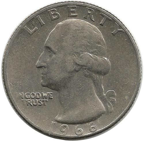 Вашингтон. Монета 25 центов. 1966 год, Филадельфия, США.