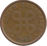 Монета 5 пенни.1966 год, Финляндия.