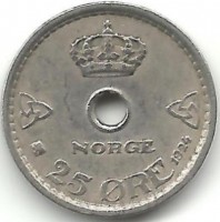 Монета 25 эре. 1924 год, Норвегия.  