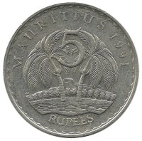 Монета 5 рупий, 1991 год, Маврикий. UNC.