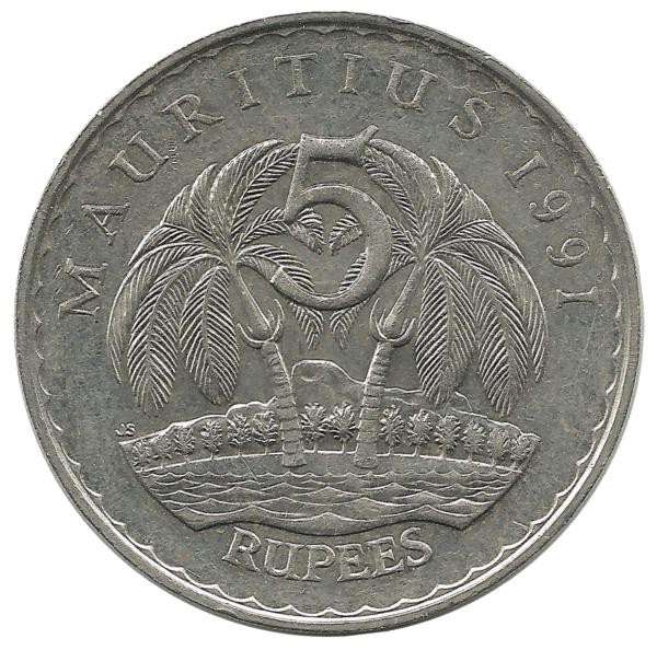 Монета 5 рупий, 1991 год, Маврикий. UNC.