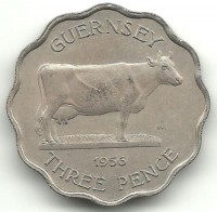 Гернсийская корова. Монета 3 пенса. 1956 год, Гернси. (тонкая).