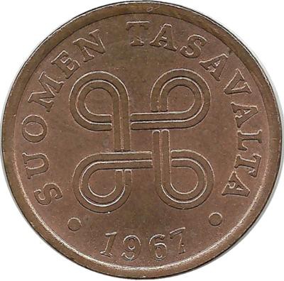 Монета 5 пенни.1967 год, Финляндия.