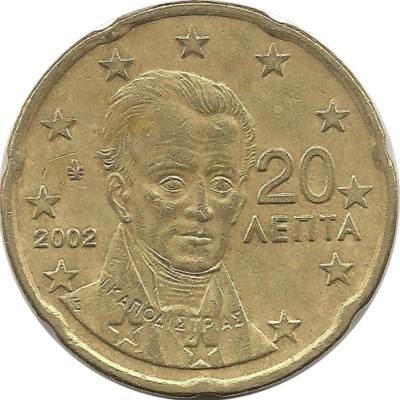 Монета 20 центов 2002 год, Греция.  