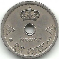 Монета 25 эре. 1927 год, Норвегия.   