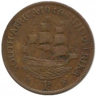 Монета 1 пенни . 1940г. Южная Африка.  Корабль «Дромедарис»