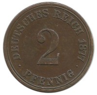 Монета 2 пфенниг 1877 год (А), Германская империя.