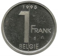 Монета 1 франк.  1995 год, Бельгия.  (Belgie)