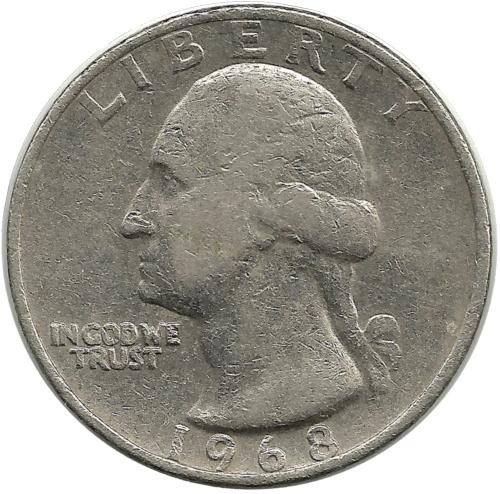 Вашингтон. Монета 25 центов. 1968 год, Филадельфия, США.