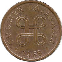 Монета 5 пенни.1968 год, Финляндия.