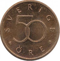 Монета 50 эре. 1992 год, Швеция. (B).