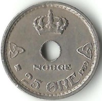 Монета 25 эре. 1939 год, Норвегия.   