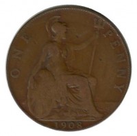 Монета  1 пенни 1908 г. Великобритания.