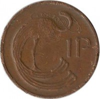 Птица. Ирландская арфа. Монета 1 пенни. 1976 год, Ирландия.