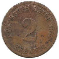 Монета 2 пфенниг 1874 год (C), Германская империя.