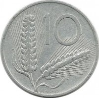 Монета 10 лир.  1955 год, Италия.