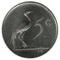 Райский журавль. Монета 5 центов 1966 год, ЮАР.