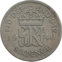 Монета 6 пенсов. 1940 год, Великобритания.