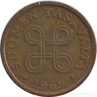 Монета 5 пенни.1969 год, Финляндия.
