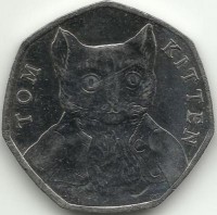 Котёнок Том.  150 лет со дня рождения Беатрис Поттер.  Монета 50 пенсов 2017 год. Великобритания. UNC.
