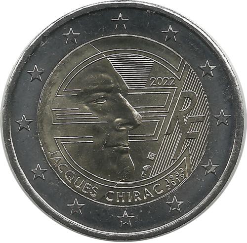 Жак Ширак 90 лет со дня рождения. (20 лет введения евро во Франции). Монета 2 евро. 2022 год, Франция. UNC.  