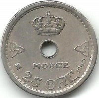 Монета 25 эре. 1940 год, Норвегия.  