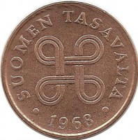 Монета 1 пенни. 1968 год, Финляндия.