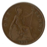 Монета 1 пенни 1919 г. Великобритания.