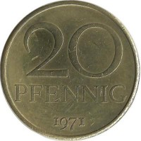 Монета 20 пфеннигов. 1971 год, ГДР.  