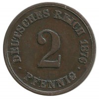 Монета 2 пфенниг 1876 год (A), Германская империя.
