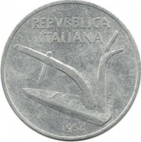 Монета 10 лир.  1954 год, Италия.