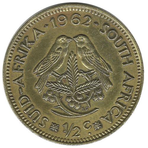 Капские воробьи. Монета 1/2 цента. 1962 год, Южная Африка.