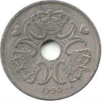 Монета 5 крон. 1990 год, Дания.  