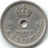 Монета 25 эре. 1946 год, Норвегия.   