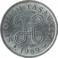 Монета 1 пенни. 1969 год, Финляндия (алюминий).