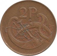 Птица. Ирландская арфа. Монета 2 пенса. 1985 год, Ирландия.