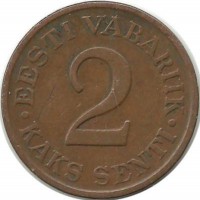 Монета 2 сента. 1934 год, Эстония.