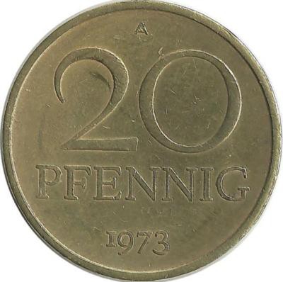 Монета 20 пфеннигов. 1973 год, ГДР.