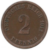 Монета 2 пфенниг 1911 год (J), Германская империя.