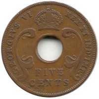 Монета 5 центов, 1942 год,Британская  Восточная Африка.