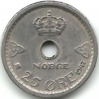Монета 25 эре. 1947 год, Норвегия.  